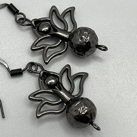 Gunmetal Lotus Flower Earrings. - Picture 2 of 3